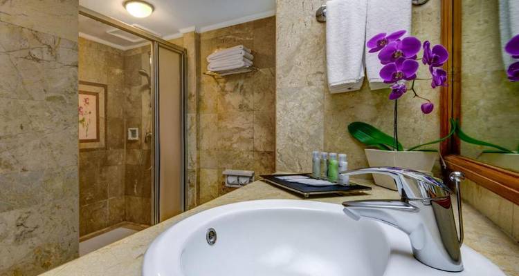 Hotel bathroom with sink and shower area, decorated with purple orchids.