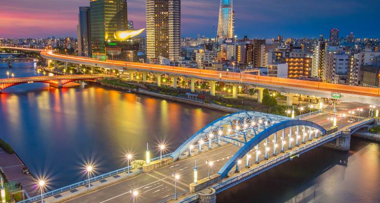 Paisaje urbano con puentes y edificios iluminados por la noche