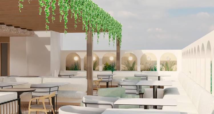 Terraza en la azotea con asientos y vegetación decorativa en la parte superior.