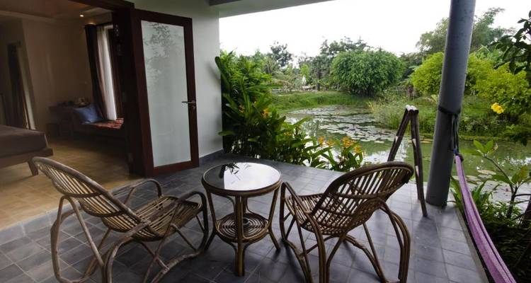 Ruhige Veranda mit Blick auf Grün und Seerosen.
