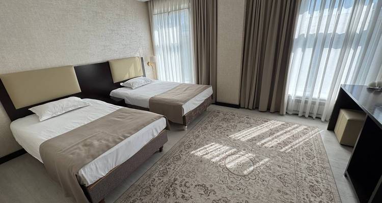 Hotelkamer met tweepersoonsbedden en grote ramen.