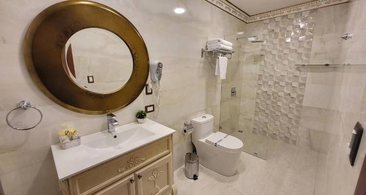 Baño moderno con un espejo grande y ducha.