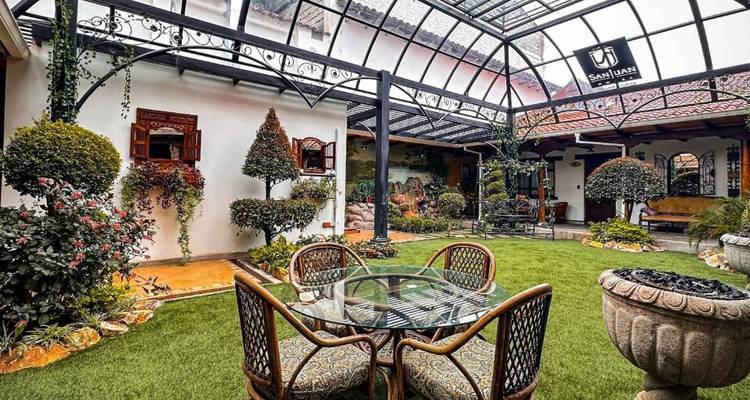 Jardín interior con árboles decorativos y asientos.