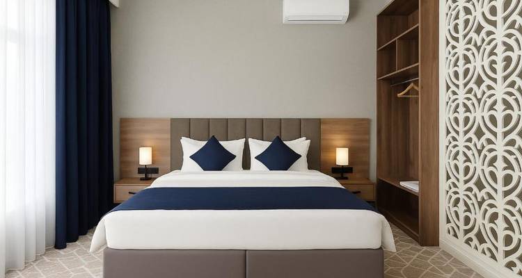 Chambre d'hôtel moderne avec un grand lit et un panneau mural décoratif.