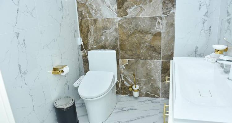 Salle de bain avec toilettes et carrelage mural texturé.