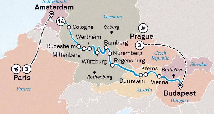 Map illustrating travel routes across several European countries.