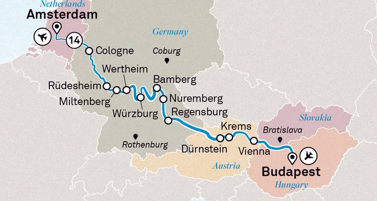 A map showing a route from Amsterdam to Budapest with various cities marked.