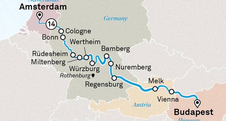 Mapa simplificado de un crucero de Ámsterdam a Budapest con las principales paradas alemanas y austriacas.