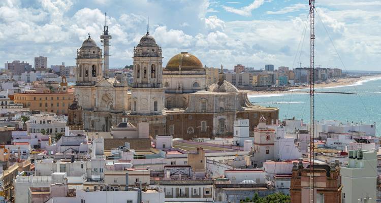 Cathédrale de Cadix avec paysage urbain côtier en arrière-plan.