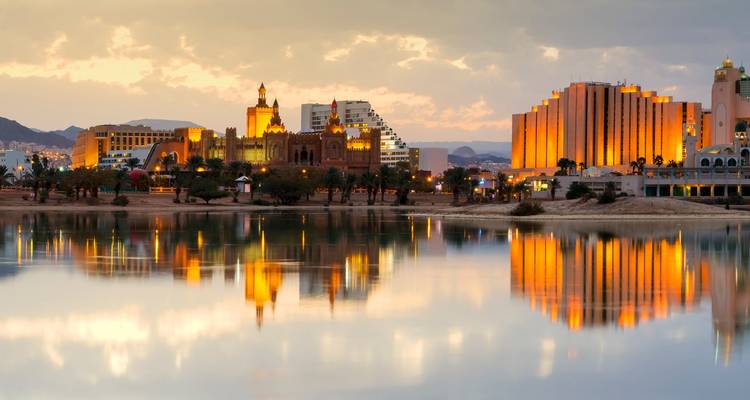 Paisaje urbano con edificios y palmeras reflejados en el agua.