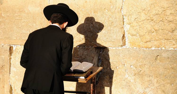 Personne priant au Mur occidental avec la lumière du soleil projetant une ombre.