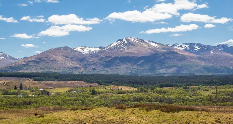 Un paysage pittoresque avec des montagnes enneigées et une végétation luxuriante.