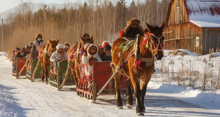 Groep mensen op een winterse paardenslee in een besneeuwde landschap