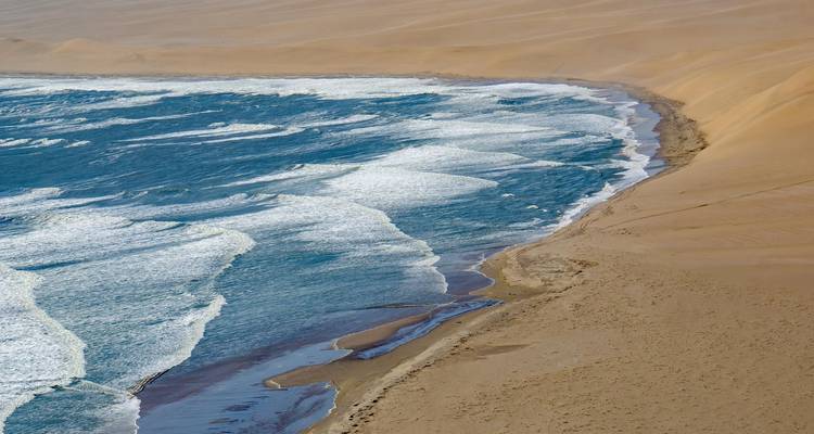 Olas rompiendo en una playa arenosa al borde de un desierto.