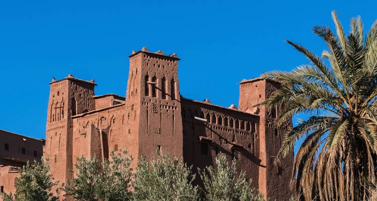Rode adobe Kasbah-torens rijzen op boven palmbomen en groen onder een vlekkeloze blauwe hemel.
