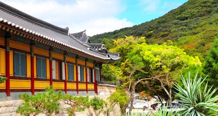 Traditionele Koreaanse architectuur met een levendige groene en bergachtige achtergrond.