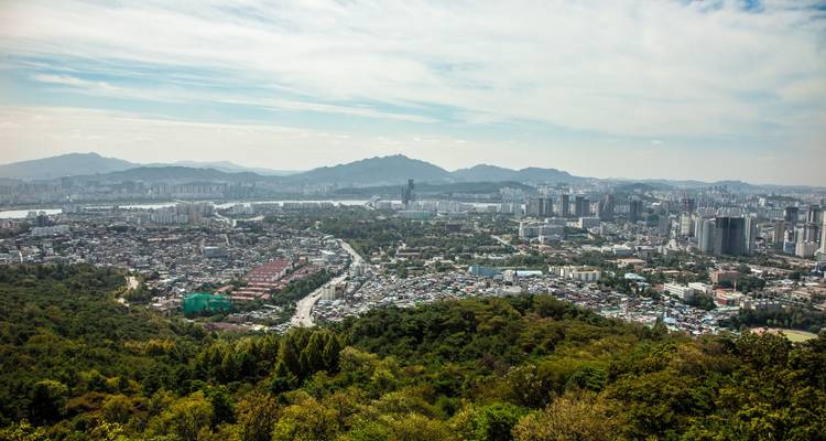 Vue panoramique d'un paysage urbain avec un mélange d'éléments urbains et naturels.