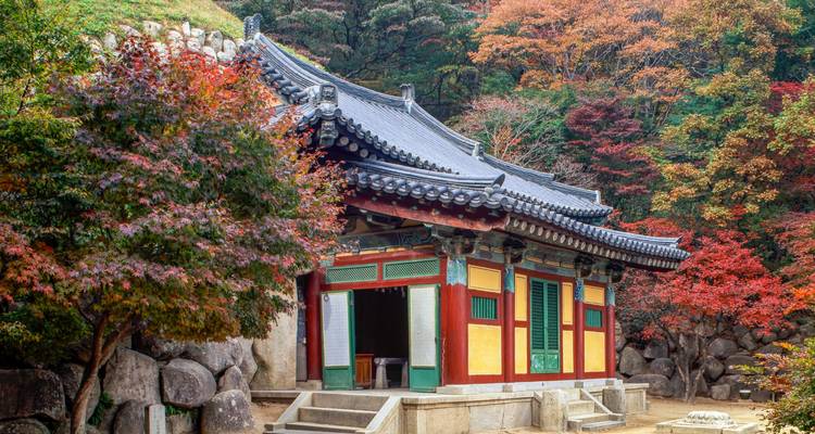 Koreaanse tempel omringd door herfstgebladerte.