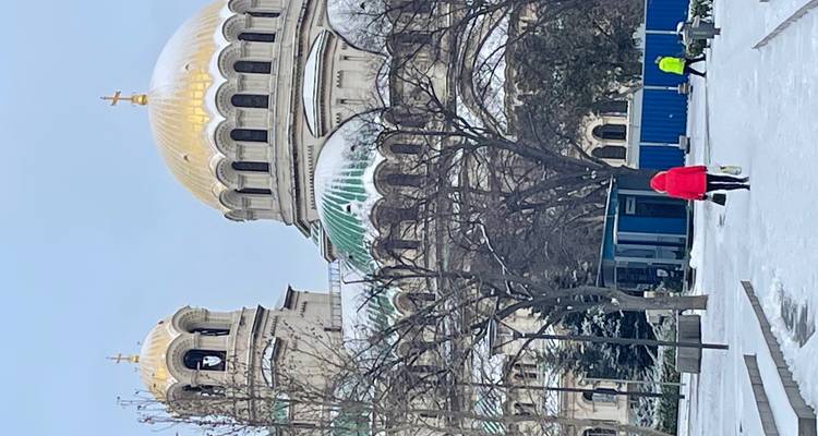 Winter scene in front of Alexander Nevsky Cathedral with snow.