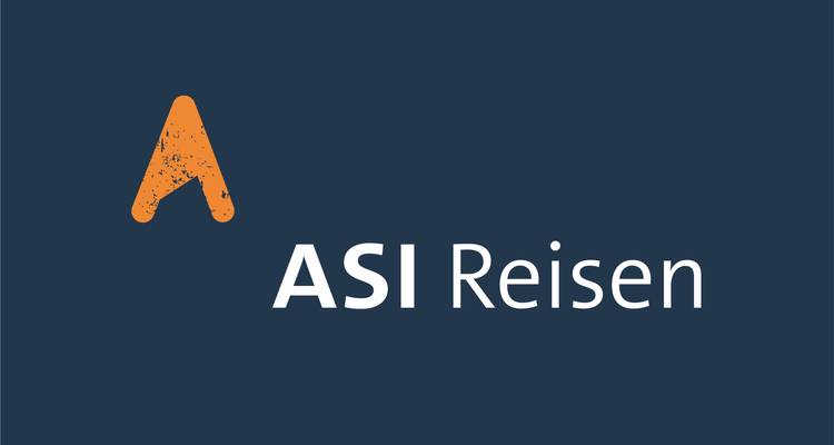 ASI Reisen Logo auf einem dunkelblauen Hintergrund.