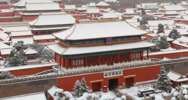 Verboden Stad bedekt met sneeuw, met rode en gouden daken.