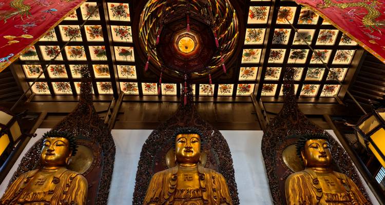 Bouddhas dorés à l'intérieur d'un temple avec un plafond orné.