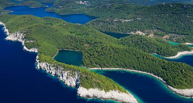 Vue aérienne d'une île avec une végétation luxuriante et des eaux bleues.