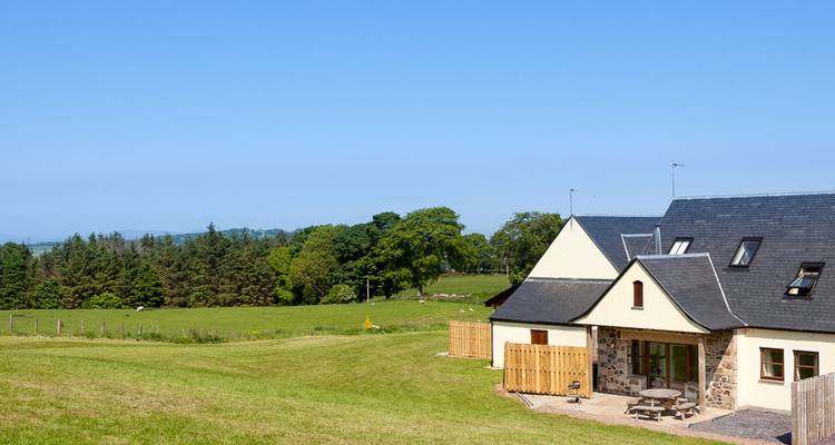 Maison entourée de champs verts et d'arbres.