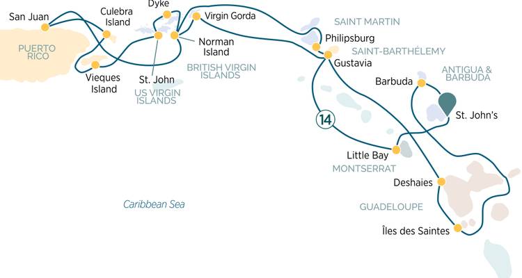 Carte illustrant plusieurs îles et régions des Caraïbes.