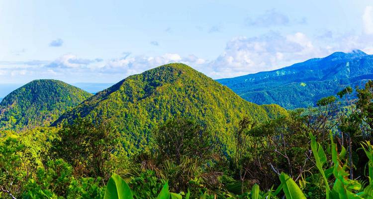 Des montagnes verdoyantes contre un ciel bleu.