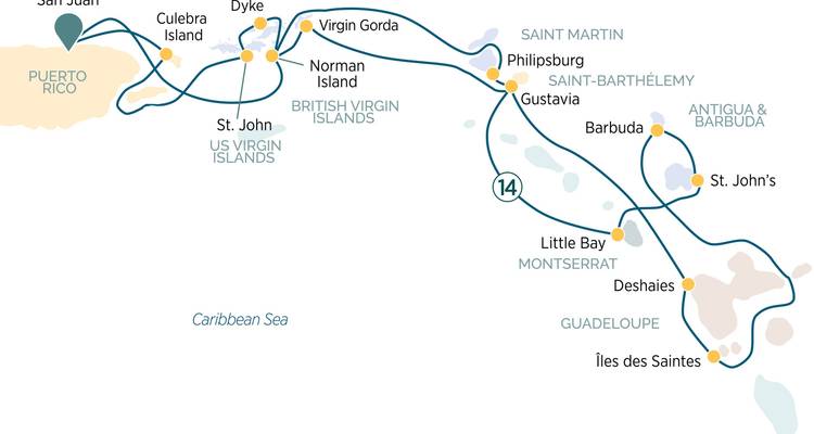 Map showing routes and islands in the Caribbean.