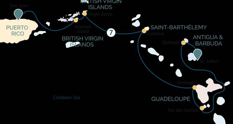 Map of Caribbean islands with labeled routes and locations.