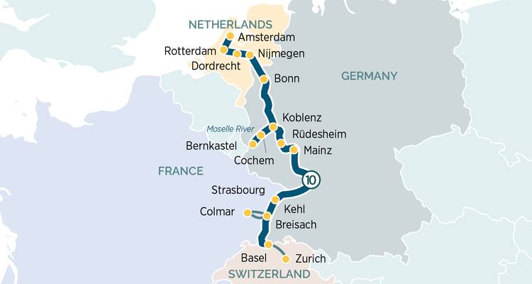 Carte détaillant un itinéraire du Rhin et de la Moselle entre Amsterdam et Zurich.