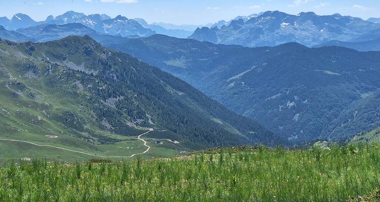 Expansive view of green hills and distant mountains.