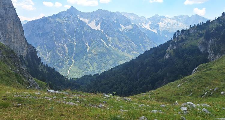 Valle alpino dramático con bosques densos y picos dentados cubiertos de nieve en la distancia