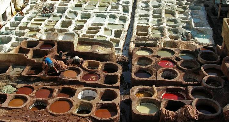 Tannerie traditionnelle avec des personnes qui travaillent.