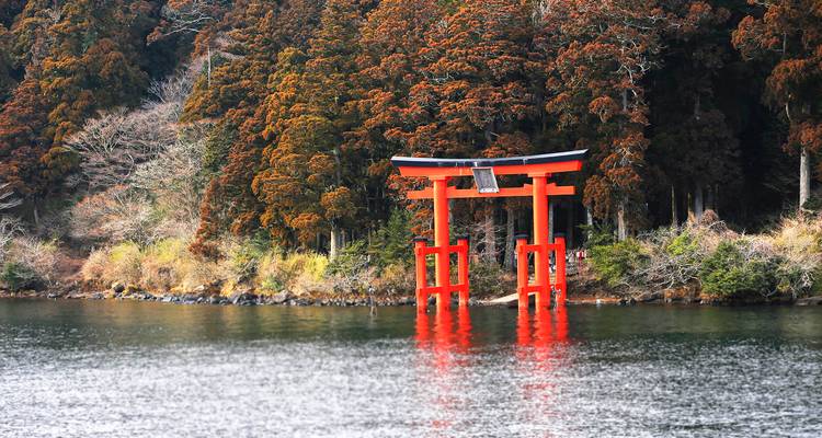 Bright red lakeside torii gate reflected in calm water with forested hills behind