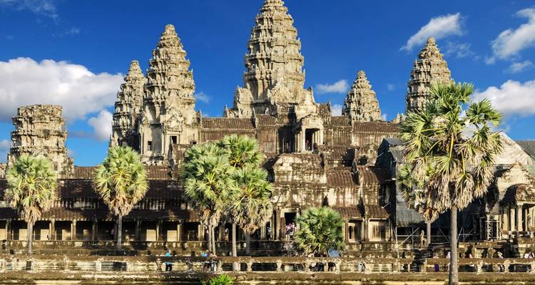 Complexe du temple d'Angkor Vat avec des palmiers.