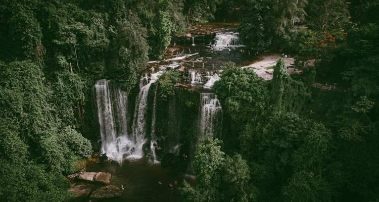 Vue aérienne d'une cascade tropicale entourée d'une forêt dense.