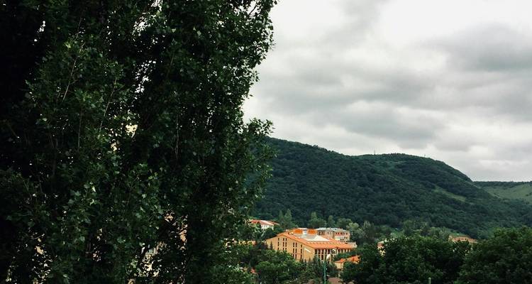 Landscape view with trees and hills under a cloudy sky.