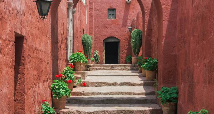 Ruelle vibrante avec des murs aux tons rouges et des plantes en pot à Arequipa.