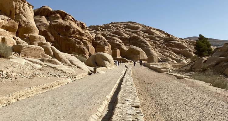 Sentier à travers un paysage désertique avec des affleurements rocheux.