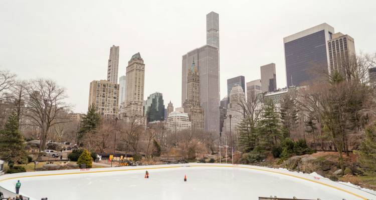Patinoire avec horizon urbain en arrière-plan.