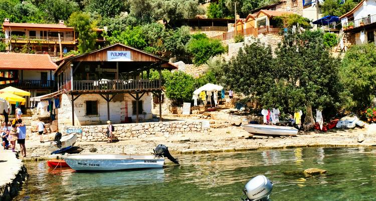 Kleine Boote, die an Häusern und Bäumen am Wasser angelegt haben.