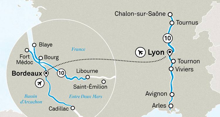 Map showing a travel route between cities in France.