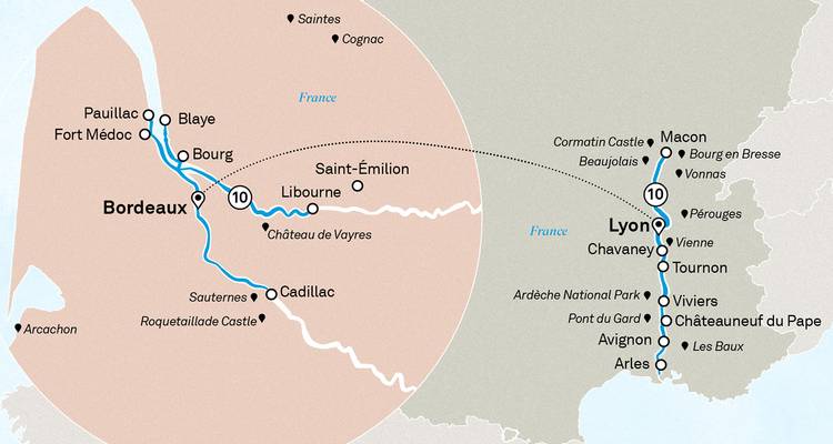 Carte en double des itinéraires de croisières fluviales françaises entre Bordeaux et Lyon