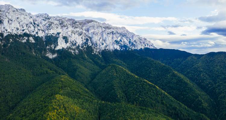 Chaîne de montagnes avec des forêts vertes et des sommets rocheux.