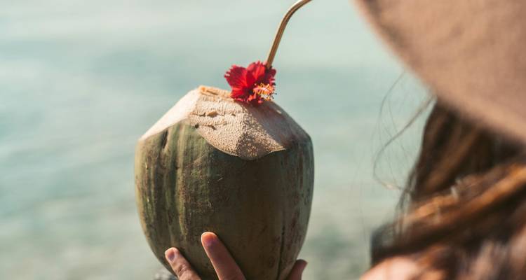 Person, die eine Kokosnuss mit Strohhalm und Blume hält, in der Nähe des Wassers.