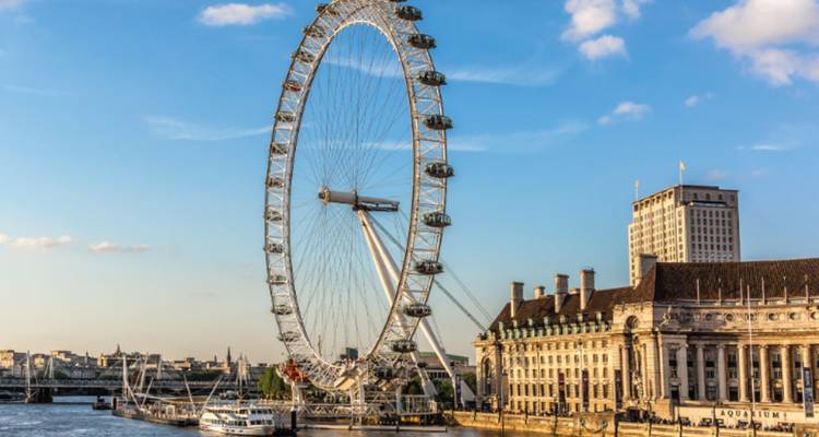 Het London Eye met aangrenzende gebouwen en een rivier op de voorgrond.