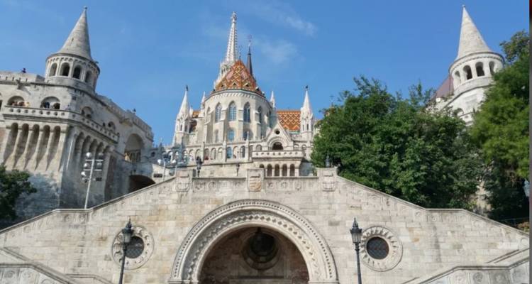 Fisherman’s Bastion in Budapest with clear blue sky.